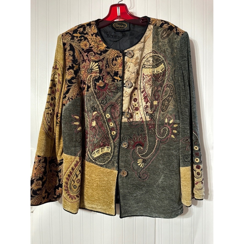 Alex Kim Womens Paisley Patchwork Jacket Earth‎ Tone Embroidered Button Front L